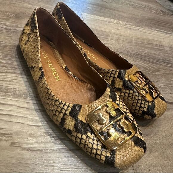 TORY BURCH Ballet Flats Size 6.5 Leather Georgia Snakeskin Animal Print - Picture 1 of 12